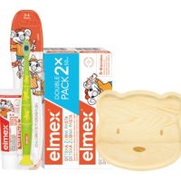 Elmex detský balíček 2 ks zubná pasta 50 ml zubná kefka 3-6 rokov + zubná pasta 12 ml + drevený tanierik